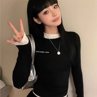 T恤女打底衫 秦岚同款 显瘦ANN假两件长袖 拼接撞色收腰修身 秋冬新款