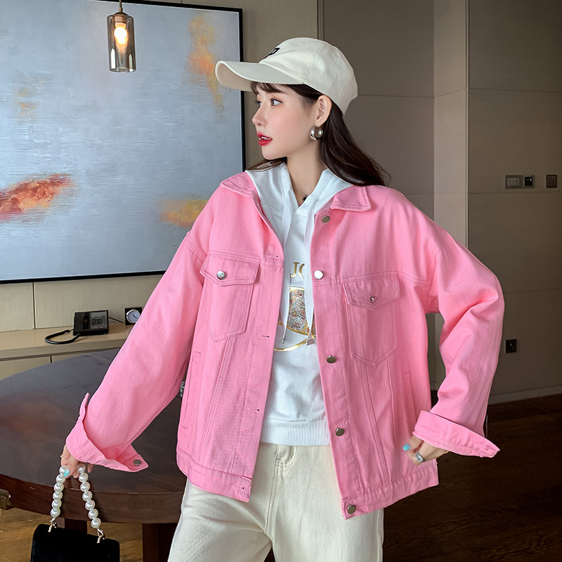 彩色牛仔外套女2023春秋装新款宽松韩版bf夹克短款学生上衣开衫潮