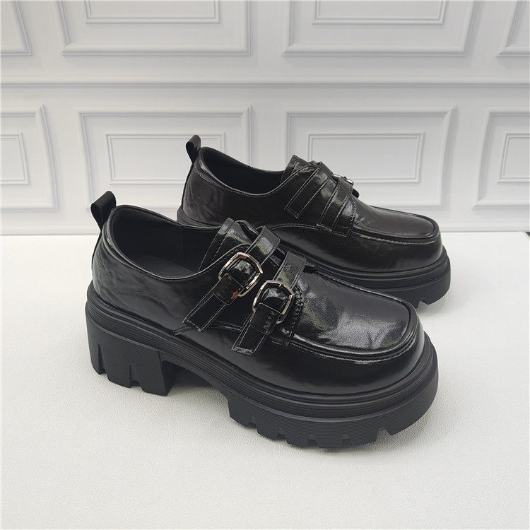 春季舒适黑色厚底乐福鞋女双扣带魔术贴粗跟一脚蹬通勤职业单鞋女