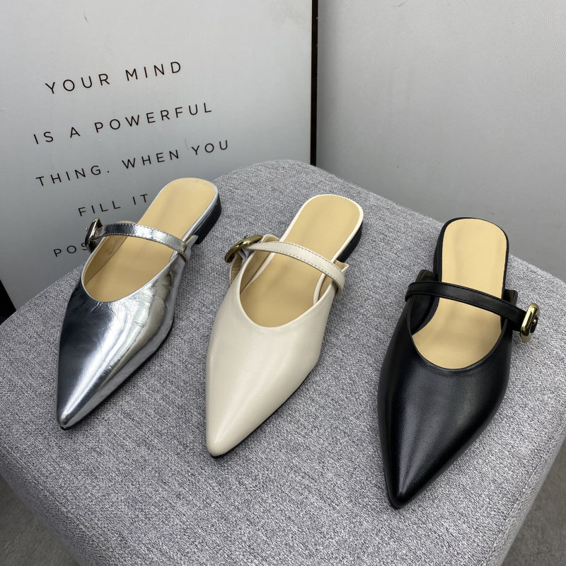 2025春季新款真皮特价女鞋韩版尖头一字带平跟居家外穿包头拖鞋子