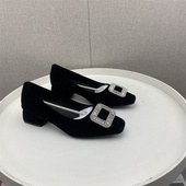 女粗跟方头气质百搭女鞋 26春法式 轻熟风水钻方扣绒面浅口单鞋