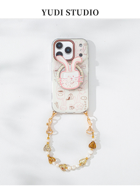 咖啡萝卜兔插画适用苹果17promax手机壳新款高级感15磁吸支架天然淡水珍珠手机链16Pro卡通14创意可爱手机壳