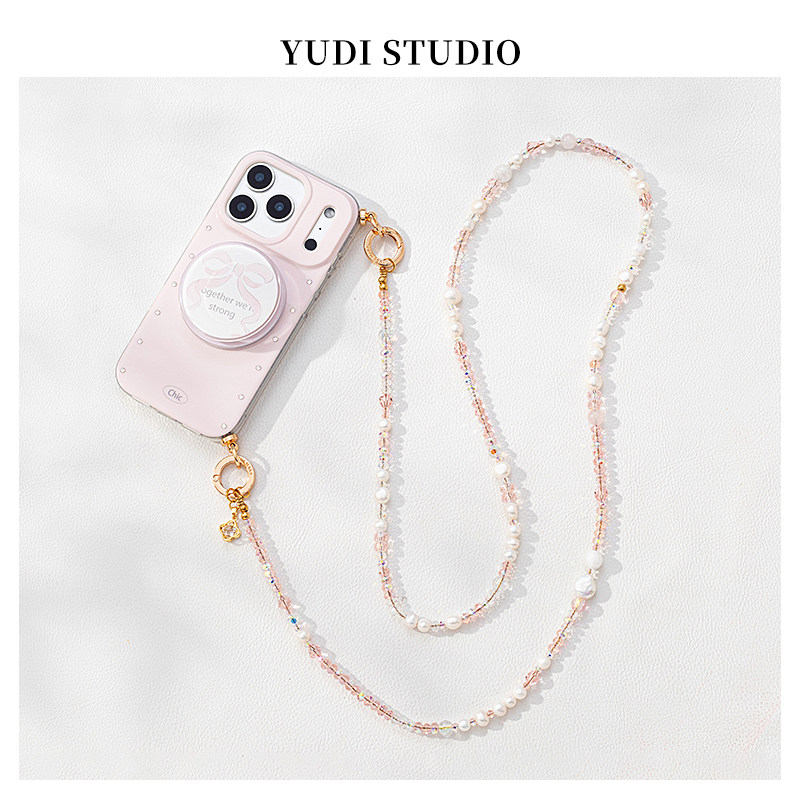 粉色水钻蝴蝶磁吸支架斜挎可背适用iPhone17pro手机壳天然淡水珍珠链条16promax可爱新款带挂绳高级15保护套