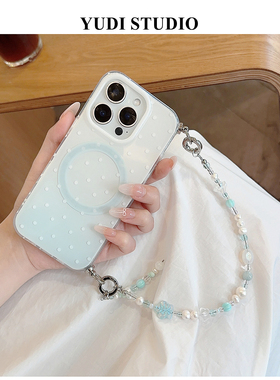 浅蓝波点原创手机壳ins风适用iPhone16Promax天然淡水珍珠手机链磁吸支架苹果14小清新蓝色系iPhone15Pro女生