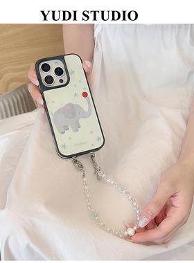 蓝色小象适用iPhone16Promax手机壳新款14天然淡水珍珠手机链苹果15Pro韩系蓝色童趣可爱手机保护壳原创设计