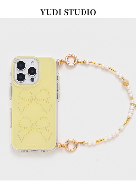 黄色水钻蝴蝶结手机壳适用苹果iPhone16Promax系列15promax14/13超好看天然淡水珍珠黄水晶手机链保护外壳套