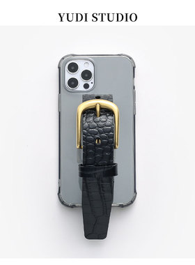 原创定制鳄鱼纹皮带手机壳植鞣头层牛皮带适用于15Promax手腕带透明黑色苹果16promax个性小众保护套14