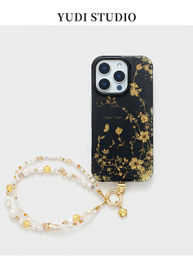 高级感黑底鎏金岁月闪粉花朵适用苹果16promax手机壳天然淡水珍珠手提链条iPhone15Pro新款14手机链保护套