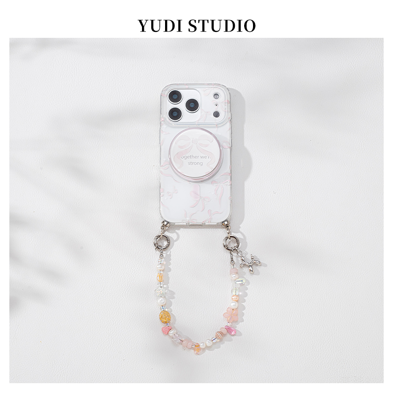甜美少女粉色蝴蝶结适用苹果15promax手机壳iphone17Pro新款16磁吸气囊支架14pro珍珠捷克琉璃手机链闺蜜款套
