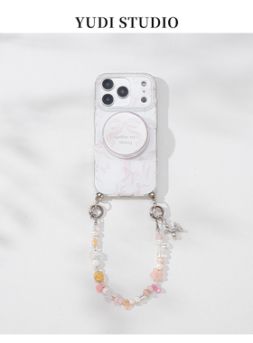 甜美少女粉色蝴蝶结适用苹果15promax手机壳iphone17Pro新款16磁吸气囊支架14pro珍珠捷克琉璃手机链闺蜜款套