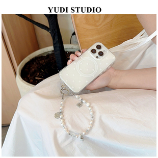 白波点手机壳淡水珍珠手机链白色系iPhone17ProMax磁吸手机壳气囊支架适用苹果16Pro女15保护套简约韩系ins风
