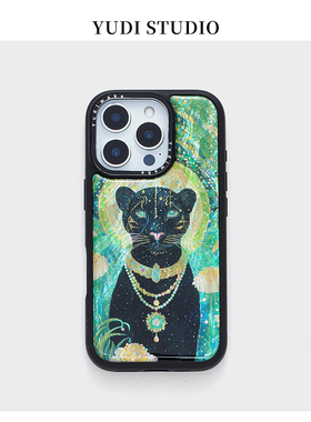 绿色豹子国风复古手机壳适用苹果16promax原创黑边框耐用贝母贝壳手机套高级淡水珍珠手机链不撞壳潮牌国画套