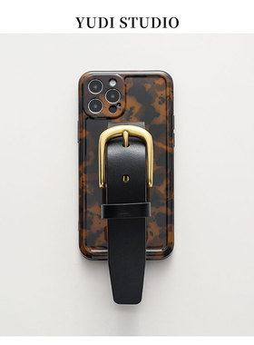 玳瑁琥珀色头层牛皮带手腕带支架手机壳适用于苹果16Promax复古欧美风原创经典iPhone17Pro全包软壳15保护套