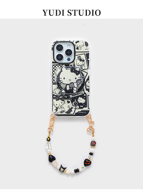 可爱KT猫黑白磁吸支架天然珍珠琉璃珠手提链条适用ihone16promax苹果15pro手机壳14春秋新款13大孔童趣