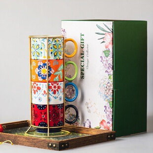 【2个】叠叠杯陶瓷水杯杯套装配铁架复古杯高颜马克摩洛哥风格杯