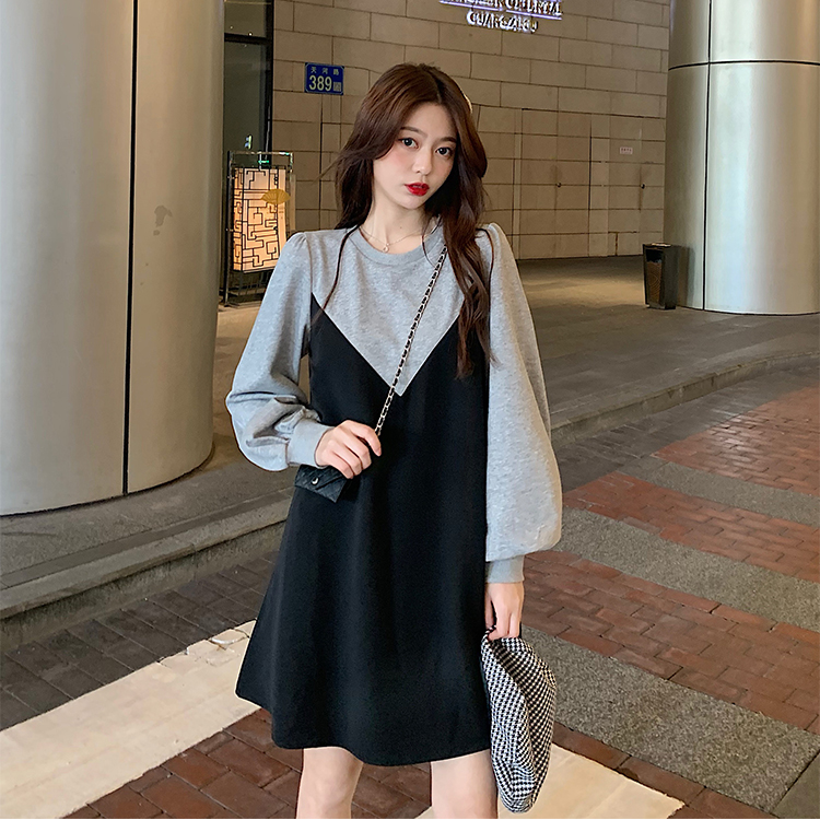 官圖春秋新款設計感女神范氣質收腰顯瘦拼接連衣裙女