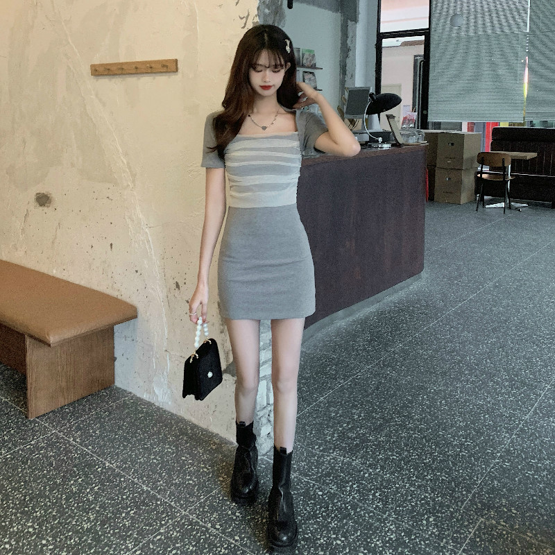 實拍撞色網紗拼接包臀短裙修身裙子短袖打底連衣裙女