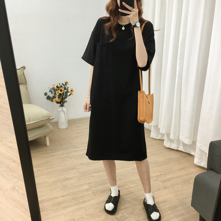 Guantu Korean new loose size women's middle long pocket short sleeve T-shirt women's Embroidery lazy dress