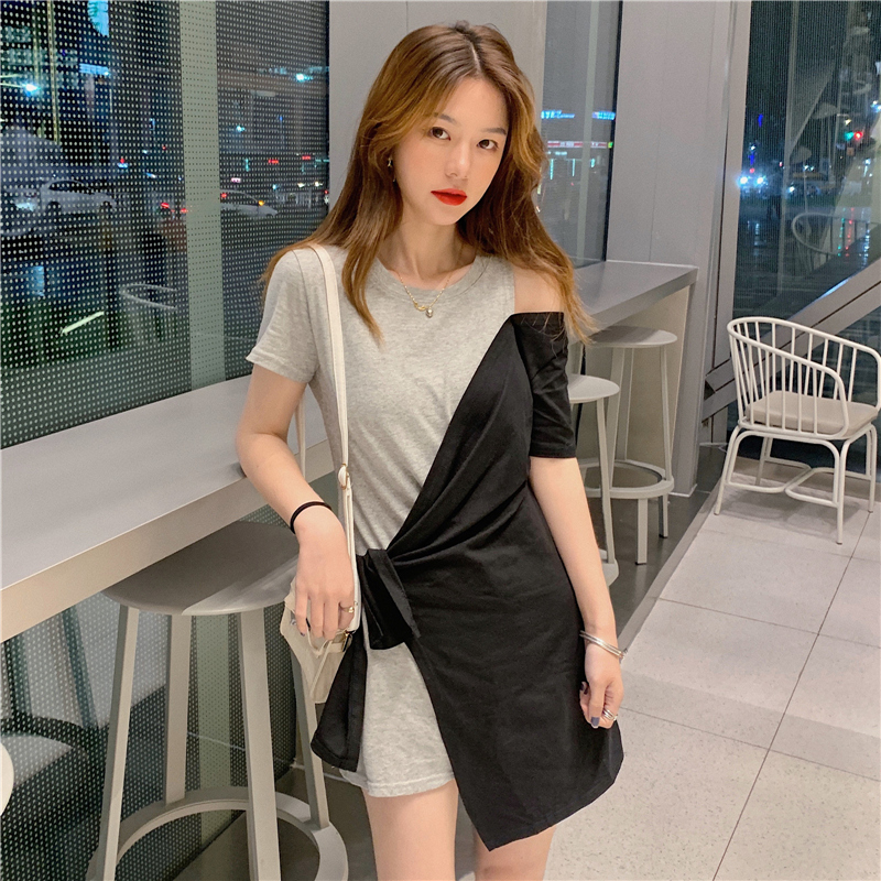 Real photo dress women's summer color matching T-shirt lace up off shoulder short sleeve top