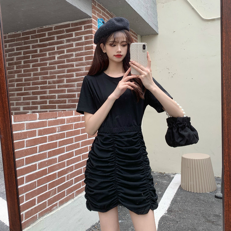 New pleated flower bud dress shows thin French crowd Pullover short sleeve skirt