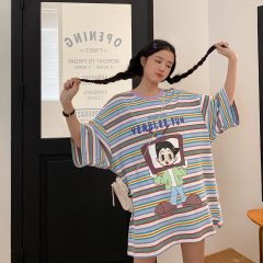 Real shot of new Korean fashion cartoon stripe short sleeve T-shirt women's Japanese Hong Kong style top