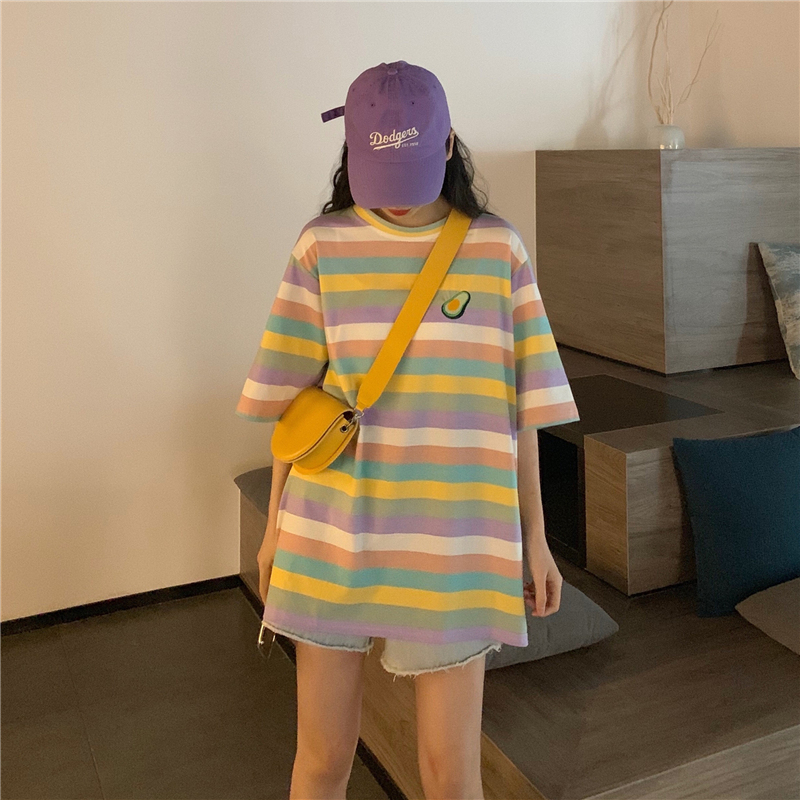 實拍繡花中長款彩虹條紋恤女短袖設計感小眾