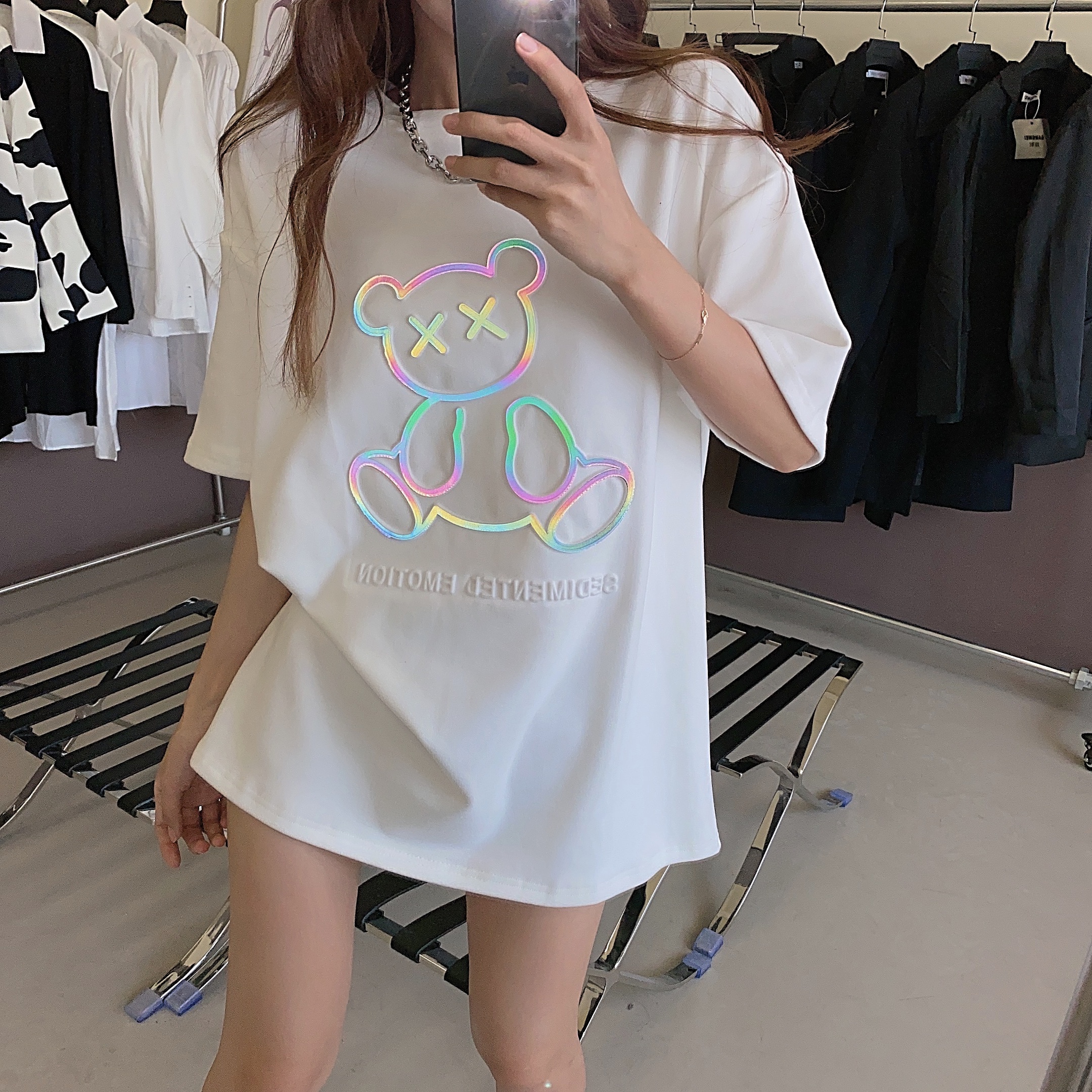 實拍新款反光小熊女磨毛加厚百搭中長款韓版寬鬆網紅