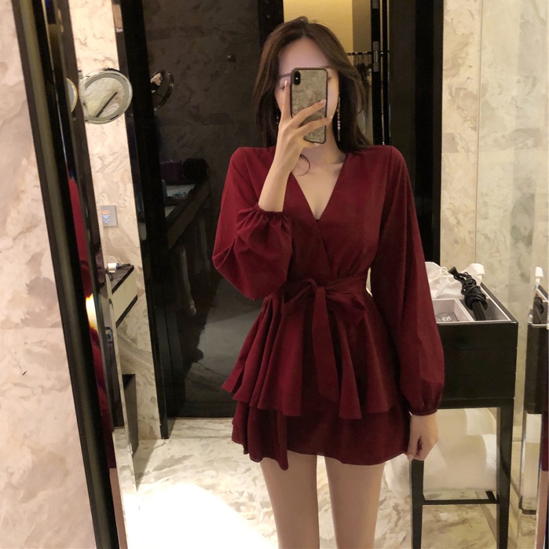 Spring new women's wear loose high waist cross collar long sleeve bandage dress solid color show thin words shorts skirt