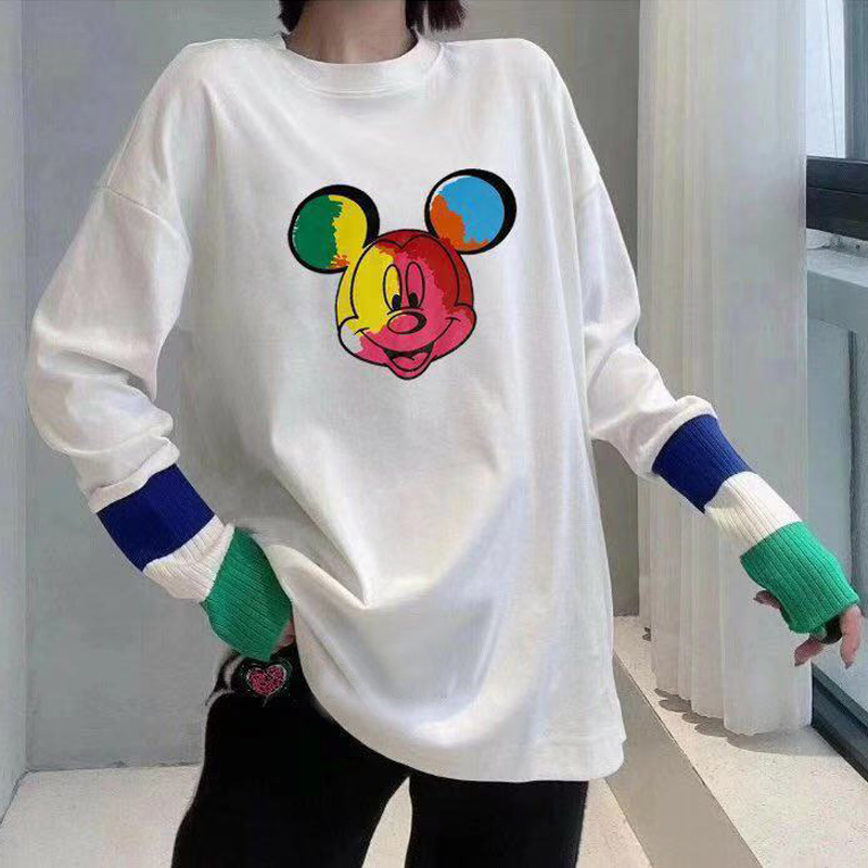 Guantu pure cotton spring and summer Mickey stitching long sleeve T-shirt women's medium length bottomed shirt