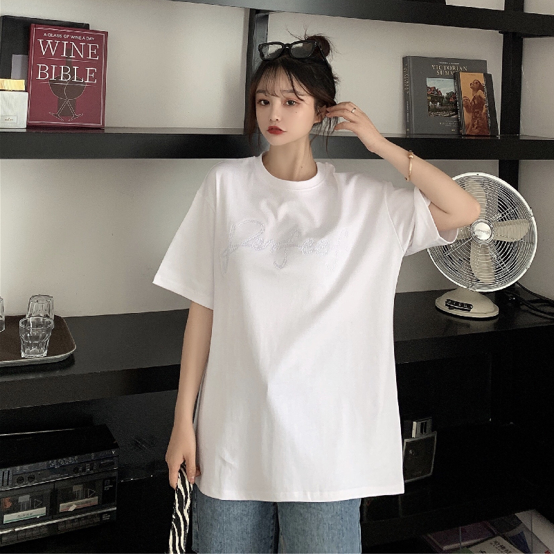 實拍棉夏裝新款刺繡字母短袖恤女網紅潮上衣