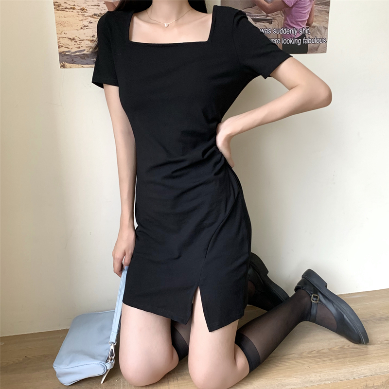 Real shot cotton spandex small black skirt women's summer dress French retro Hepburn style square T-shirt