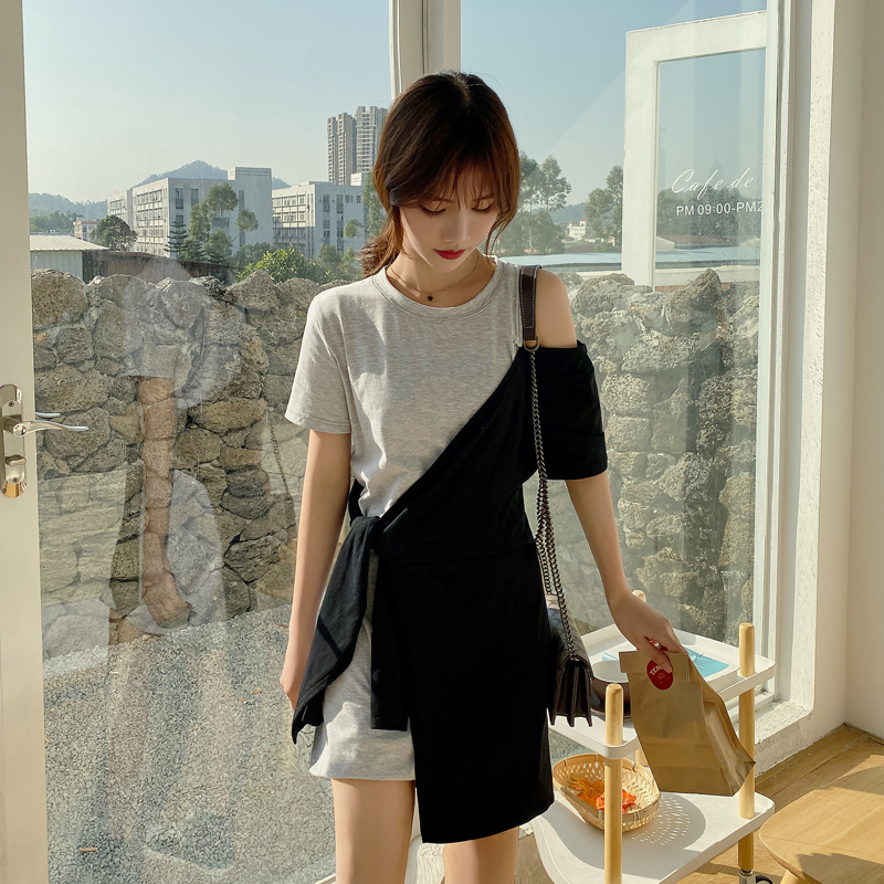 Guantu cotton cold wind dress women's summer Korean medium length irregular stitching skirt