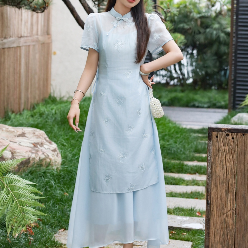 潮十二7026夏季2025新中式盘扣改良旗袍裙立领提花两件套连衣裙女