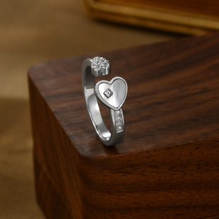 新款女小众轻奢天然贝壳可调节食指环日韩甜美开口无名指爱心戒指