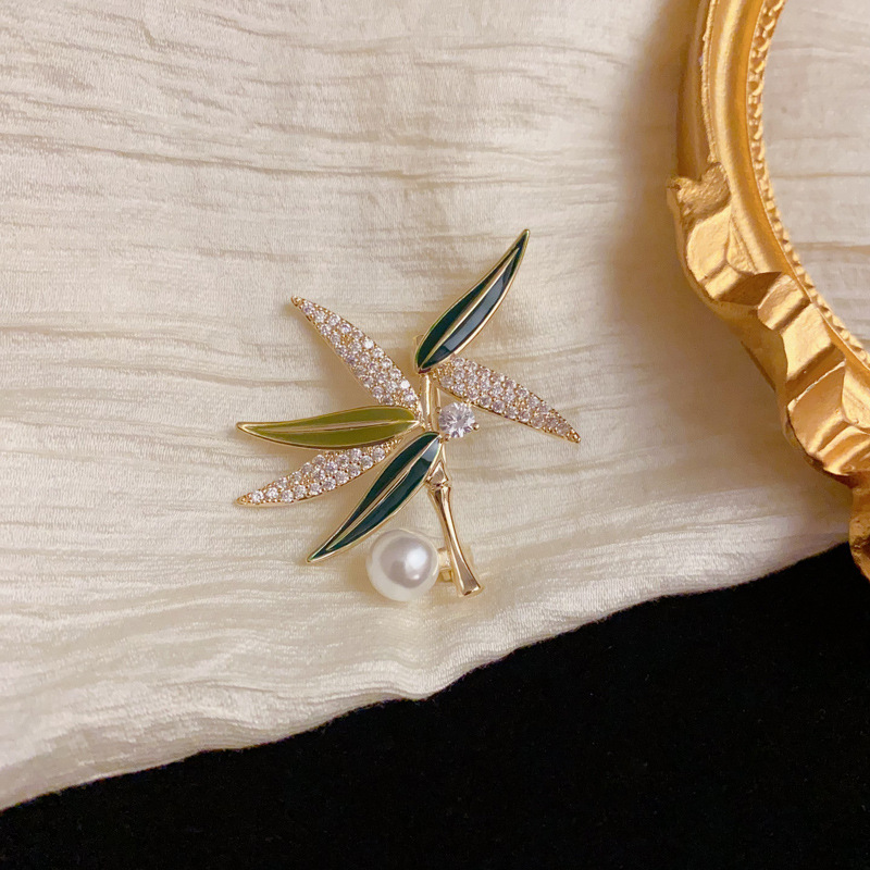 复古锆石滴油珍珠竹子竹叶胸针时尚气质清新百搭大衣风衣胸花别针