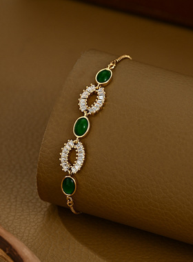 复古风精致绿色猫眼石可调节手链新款女夏季水晶时尚气质手镯礼物