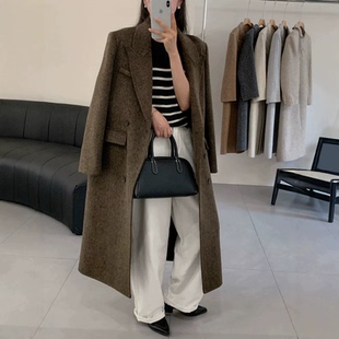 英伦老钱风毛呢大衣女双排扣过膝长款显瘦羊毛外套