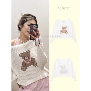 【官方】hollister小海鸥针织衫女夏季薄款镂空毛衣斜肩上衣