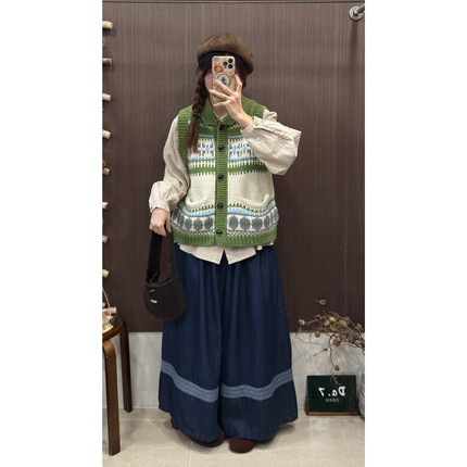 DA.7-冬上新日系复古文艺雪花费尔岛翻领毛衣开衫针织马甲7336