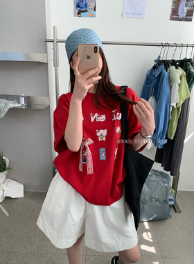 奶思家NICE STUDIO-夏上新韩系蝴蝶结Kitty猫宽松短袖T恤w63801