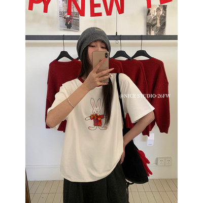 奶思家NICE STUDIO-26年早春上新撞色领可爱小兔短袖T恤08906