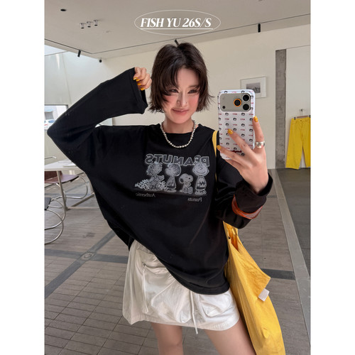 FISH YU -努比白墨印花宽松大版圆领长袖防晒衫(含63棉料)626182