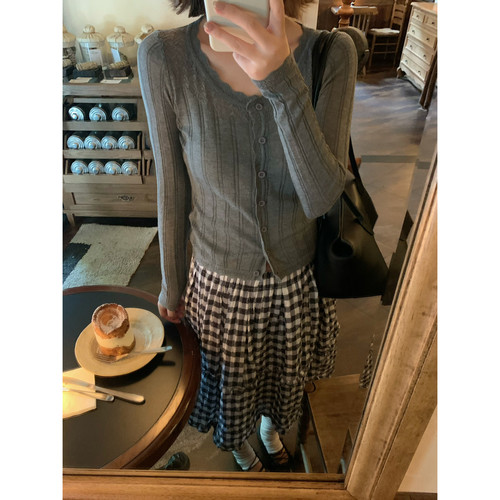 ower April（FA）-织开衫女设计感灰色修身花边长袖针织开衫93093