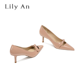 Lily 蝴蝶结浅口细跟单鞋 高级感 女2025年尖头真皮高跟鞋