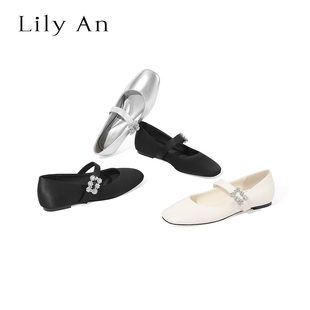 【Lily An x 甜美千金】方头平底一字带单鞋女真皮内增高玛丽珍鞋