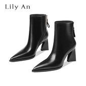 轻奢手工 尖头粗跟真皮短靴女冬季 靴子 加绒高跟时装 Lily