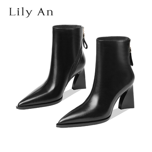 尖头粗跟真皮短靴女冬季 轻奢手工 靴子 加绒高跟时装 Lily