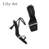 Lily 水钻一字带细跟凉鞋 优雅千金 女夏季 方头露趾高跟鞋