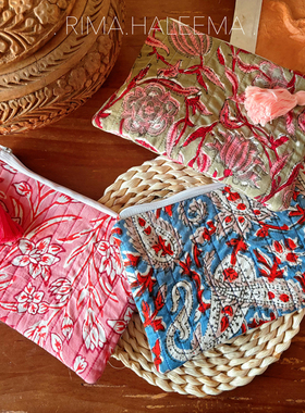 进口手工印染花纹衍线棉布迷你布包零钱包化妆包卡包收纳包手包