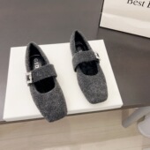 加绒保暖玛丽珍单鞋 法式 新款 大码 毛呢灰色平底毛毛鞋 女2025秋冬季